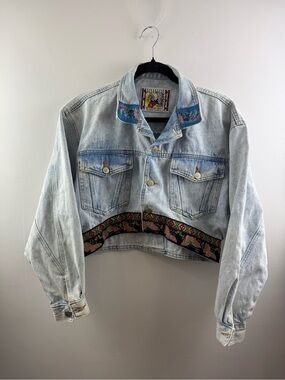 Vintage Joujou Butterfly Embroidered Cropped Denim Jacket Western Acid Wash 90s